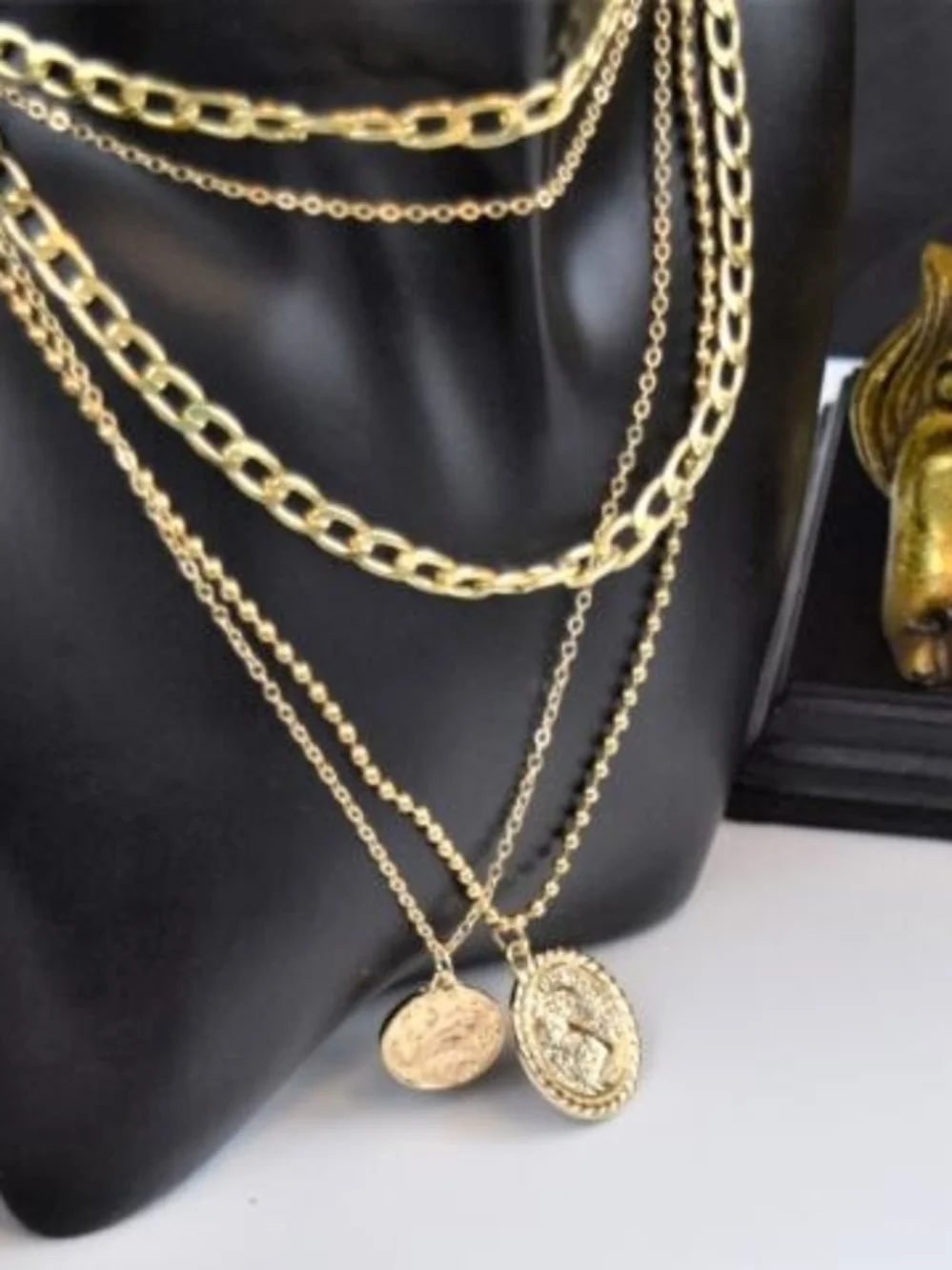 Layered Gold Coin Pendant Choker Necklace Set - Picture 3 of 10